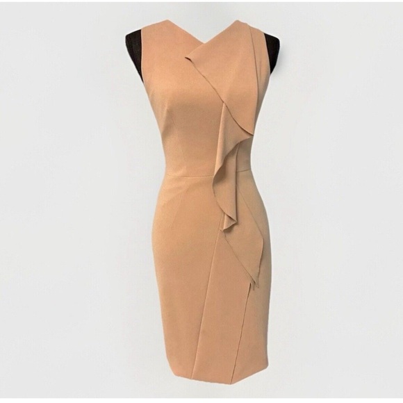 A131 Karen Millen Camel Sculpted Draped Sheath Dress | Size US 8 | Worn on TV! - Picture 1 of 11